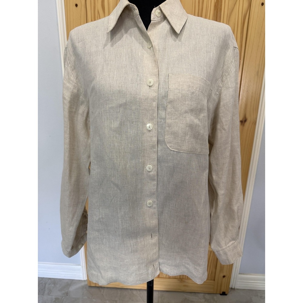 Liz Claiborne Lizsport Shirt Womens Medium‎ Beige Linen Button Front Collared